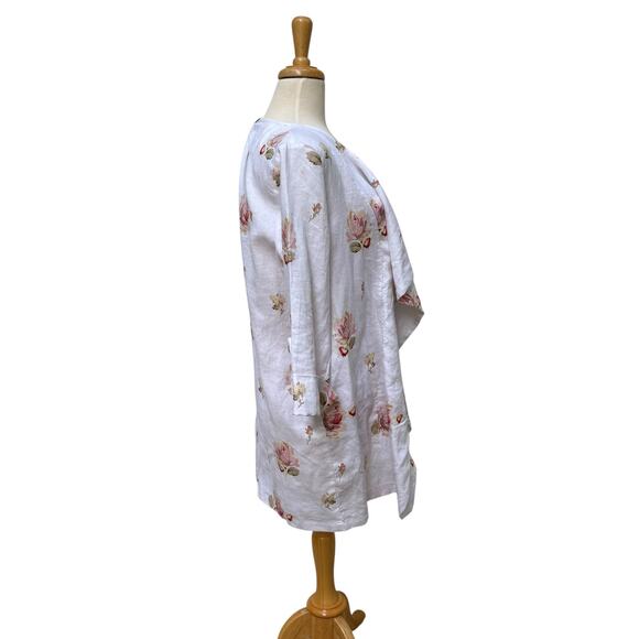For Cynthia Duster Open Front Top Sz Md 100% Linen Floral Roll Tab Lagenlook NWT - Picture 3 of 12